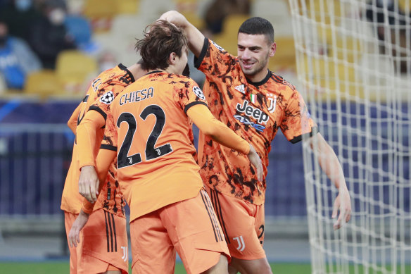 Juventus players celebrate Alvaro Morata's opener in the Champions League win over Dynamo Kyiv.