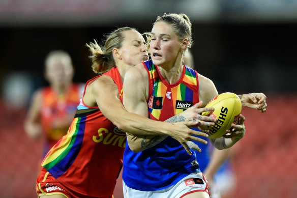 Tayla Harris competes for the ball in round eight. 