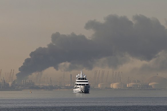 Smoke rises from the port of Jebel Ali following a reported Iranian strike in Dubai on March 1
