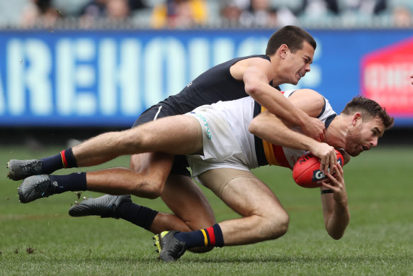 Andy Otten is tackled in round 19 against Carlton. 