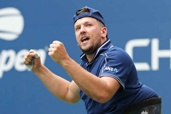 Alcott celebrates defeating Niels Vink of the Netherlands to complete the Golden Slam last year.