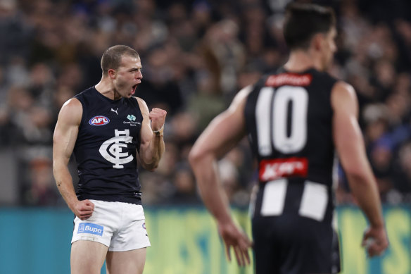 Alex Cincotta celebrates a goal against Collingwood.