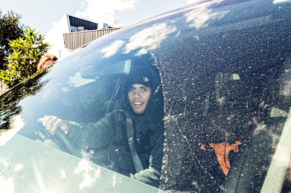 Jarome Luai leaves Tigers HQ on Tuesday.