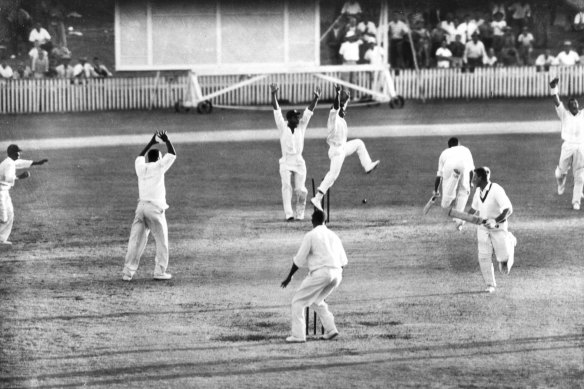 Australia's Ian Meckiff is run out as West Indian Joe Solomon (extreme left) hurls the ball and breaks the wicket. The game ends in a tie.