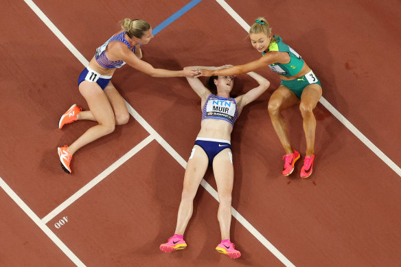 Great Britain’s Melissa Courtney-Bryant (left) and Laura Muir and Australia’s Jessica Hull after the 1500m final.