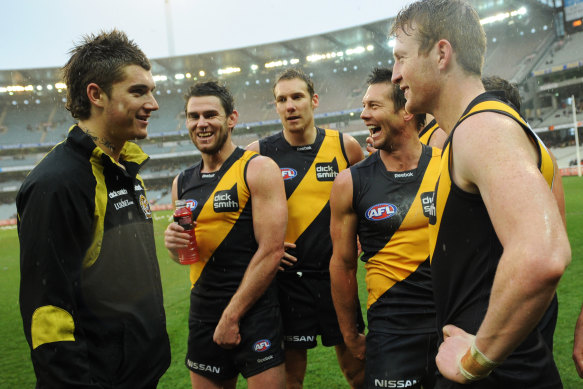 From left: Tigers Dustin Martin, Chris Newman, Luke McGuane, Ben Cousins and Daniel Connors in 2010.