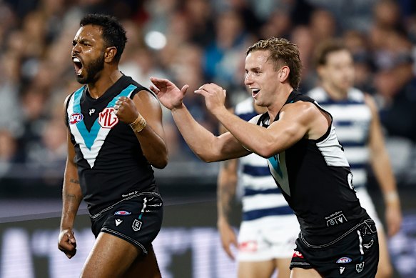 Willie Rioli celebrates a goal against Geelong last season.
