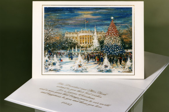 A 1992 Christmas card from president George H.W. Bush and first lady Barbara Bush. Cards during Bush’s presidency usually centred on the White House.