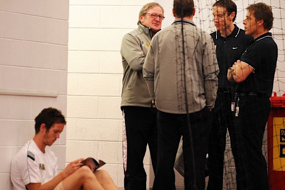 Bob Murphy in the Big V rooms while coaches discuss tactics for the 2008 Hall of Fame tribute match.