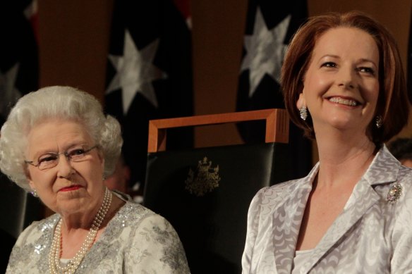 Julia Gillard, then prime minister, accompanied the Queen at a reception at Parliament House in Canberra in 2011.