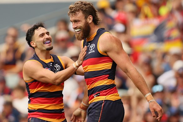 Izak Rankine and Riley Thilthorpe celebrate a goal.