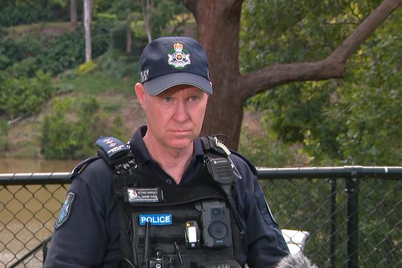 Acting Inspector Shane Thow speaking at Jindalee boat ramp after a man disappeared in the Brisbane River on Sunday.