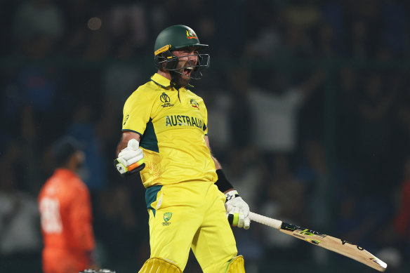 Glenn Maxwell celebrates his century during the match between Australia and Netherlands.