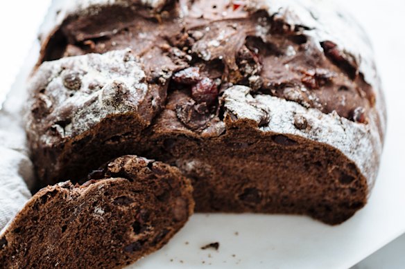 Chocolate cranberry hot cross bun loaf.