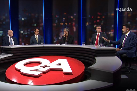 The panel: Mark Leibler (left); Dave Sharma; Francesca Albanese; Tim Watts; and Nasser Mashni.