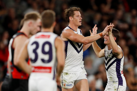 Matt Taberner celebrates one of his seven goals for the Dockers.