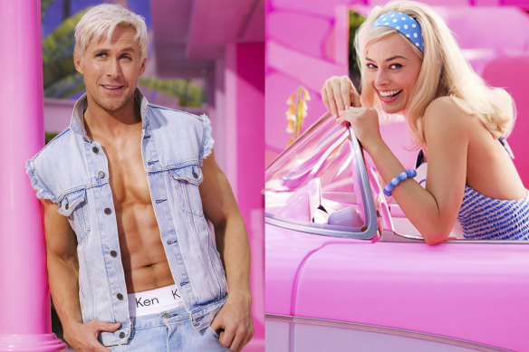 Ryan Gosling as Ken and Margot Robbie as Barbie.