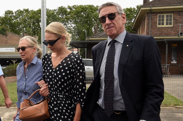 Phoebe Burgess’s mother Sarah Hooke (left), her sister Harriet and father Mitchell Hooke leave Moss Vale Local Court on Monday.
