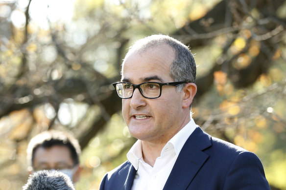 Acting Premier James Merlino addresses the media in Melbourne. 