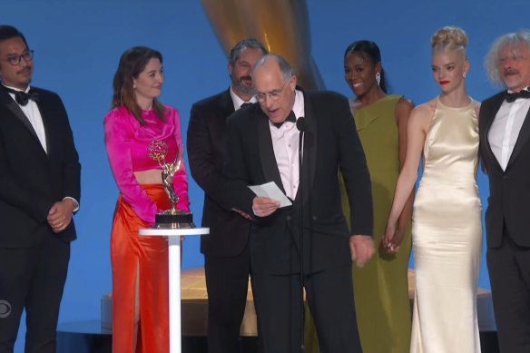 William Horberg and the cast and crew of The Queen’s Gambit accept the award for outstanding limited or anthology series during the Primetime Emmy Awards.