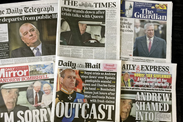 The front pages of some of Britain's major newspapers after Prince Andrew announced he was stepping down from royal duties.