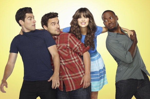 Max Greenfield, Jake Johnson, Zooey Deschanel and Lamorne Morris in the romcom New Girl.