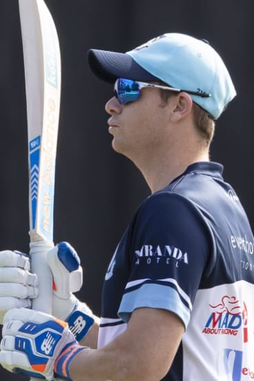 Getting his eye in: Steve Smith warms up before facing the bowling at Coogee Oval.