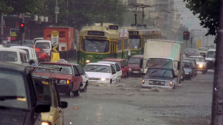Flash flooding outside of Spencer Street Station.