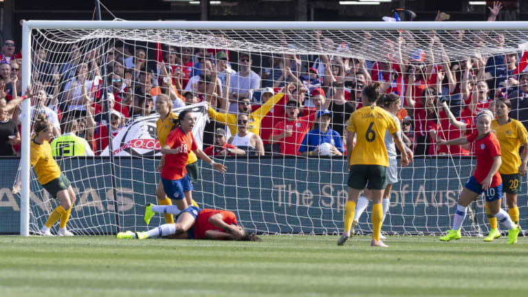Against the run of play: Francisca Lara scores for Chile against Australia at Panthers Stadium.