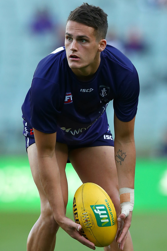 Harley Balic warming up before a Dockers match. He played four senior games for the club.