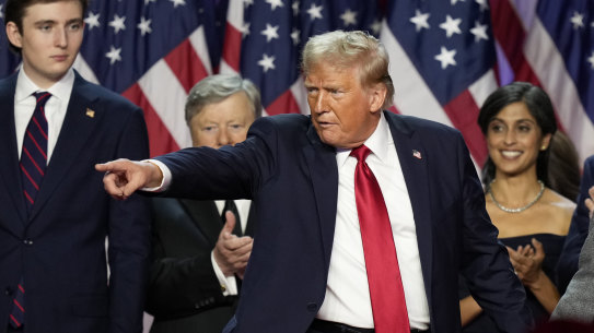 Donald Trump celebrates victory on election night in West Palm Beach, Florida.