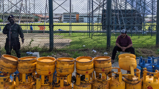 Gas bottles assembled behind Galle Stadium.