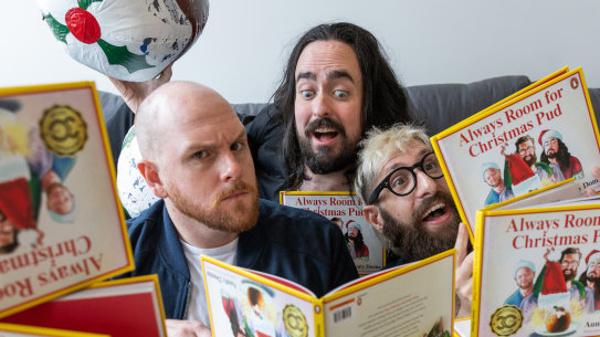 Comedy group Aunty Donna (L-R) Broden Kelly, Zachary Ruane and  Mark Bonanno ahead of the release of their picture book, There’s Always Room for Christmas Pud.