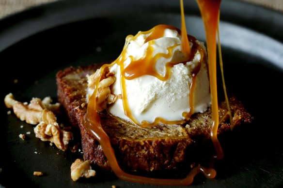 Banana bread with salted caramel sauce.