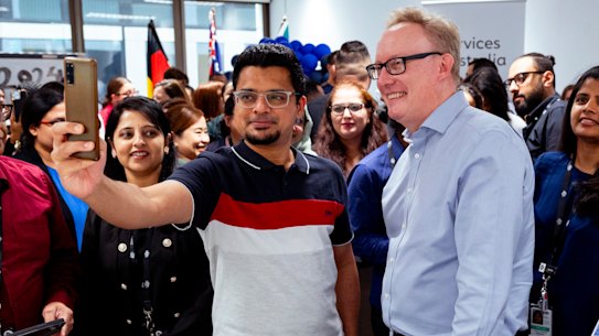 Services Australia chief executive David Hazlehurst was mobbed for selfies by some of the new recruits at the Parramatta office last week.