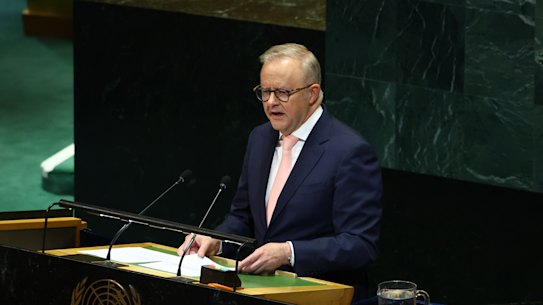 Prime Minister Anthony Albanese speaks at the UN General Assembly in New York.