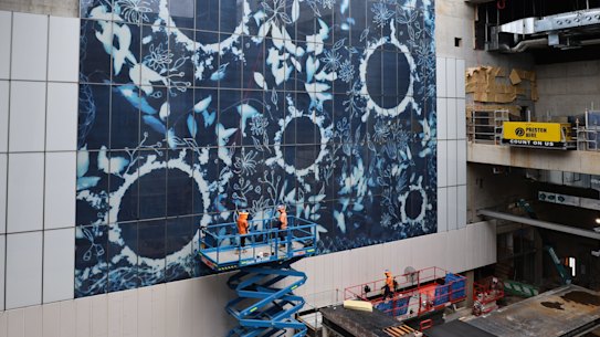 The Plants, waters, gathering time artwork by Quandamooka (Ngugi) artist Elisa Jane Carmichael has been installed at Woolloongabba’s new station.