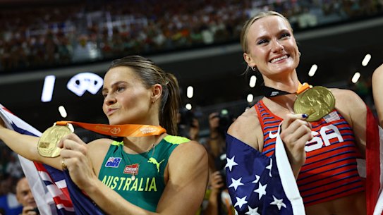 Women’s pole vault world champions Nina Kennedy of Australia, and the USA’s Katie Moon.