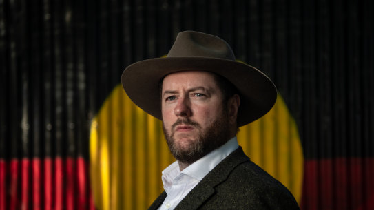 The Age, News, 20/12/2021, photo by Justin McManus. Marcus Stewart from the First People’s Assembly who has been speaking about raising the age of criminal responsibility to 14.