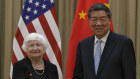 US Treasury Secretary Janet Yellen, left, shakes hands with Chinese Vice Premier He Lifeng as they arrive for a one-to-one meeting in southern China’s Guangdong province on Saturday.