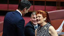 Liberal Senator Alex Antic shakes hands with One Nation leader Senator Pauline Hanson.