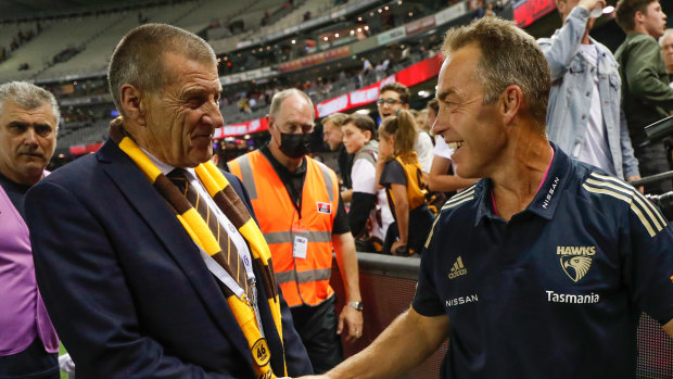 Hawthorn president Jeff Kennett, left, and outgoing coach Alastair Clarkson.