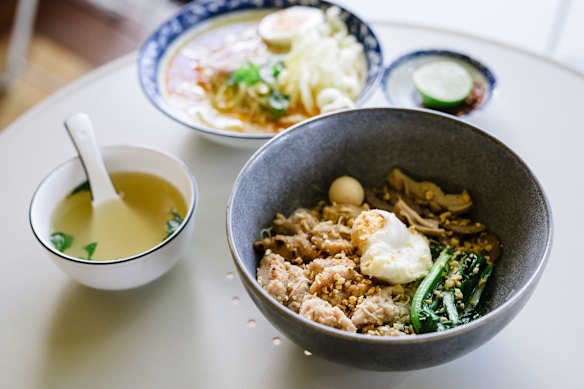Sorai's take on kyay oh vermicelli noodles with pork and choy sum.