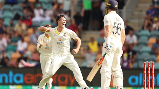 Pat Cummins takes the wicket of Zak Crawley.