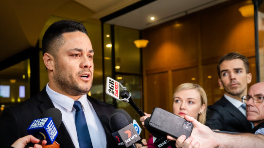 Jarryd Hayne leaving court in 2021 after he was convicted of sexual assault without consent.