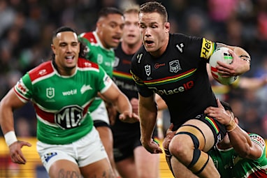 Liam Henry of the Panthers dives over and scores a try during the round 18 NRL match between Penrith Panthers and South Sydney Rabbitohs at CommBank Stadium, on July 03, 2026, in Sydney, Australia. (Photo by Jeremy Ng/Getty Images)