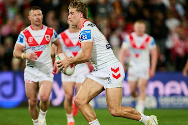 Toby Couchman of the Dragons runs the ball during the round 18 NRL match between St George Illawarra Dragons and Wests Tigers at Jubilee Oval, on July 04, 2026, in Sydney, Australia. (Photo by Brett Hemmings/Getty Images)