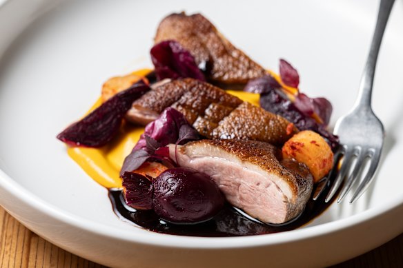 Duck breast with pumpkin, beetroot, soy plum sauce and kohlrabi kimchi.