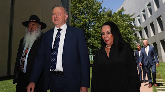 Labor’s Pat Dodson, Anthony Albanese and Linda Burney on their way to attend a ministerial statement to mark the anniversary of the National Apology to the Stolen Generations.