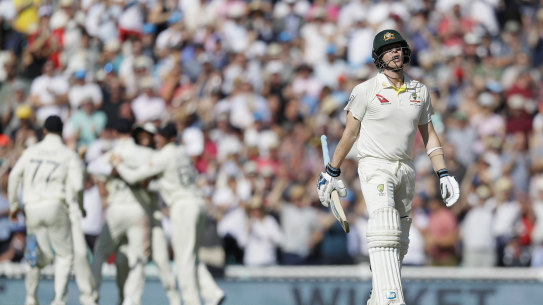 Australia's Steve Smith leaves the pitch after he is caught by England's Ben Stokes off the bowling of England's Stuart Broad during the fourth day of the fifth Ashes test.